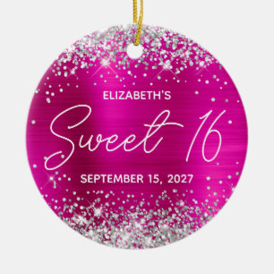 Silver Glitter Hot Pink Fancy Sweet 16 Photo Ceramic Ornament