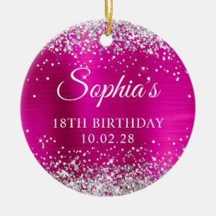 Silver Glitter Hot Pink Foil 18th Birthday Photo Ceramic Ornament