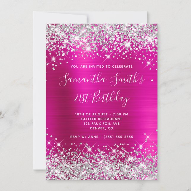 Silver Glitter Hot Pink Foil 21st Birthday Invitation (Front)