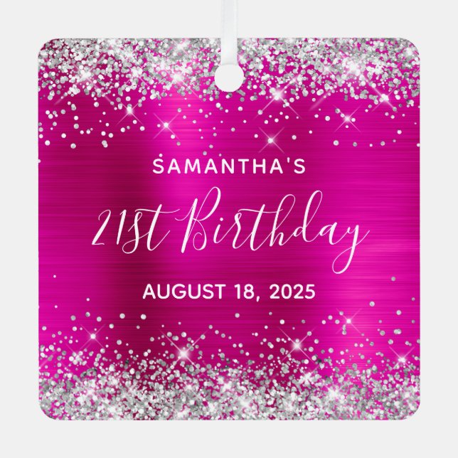 Silver Glitter Hot Pink Foil 21st Birthday Metal Ornament (Front)