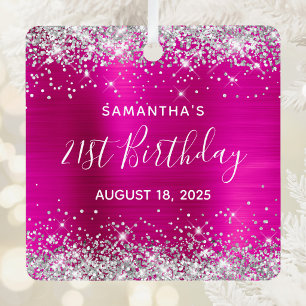 Silver Glitter Hot Pink Foil 21st Birthday Metal Ornament