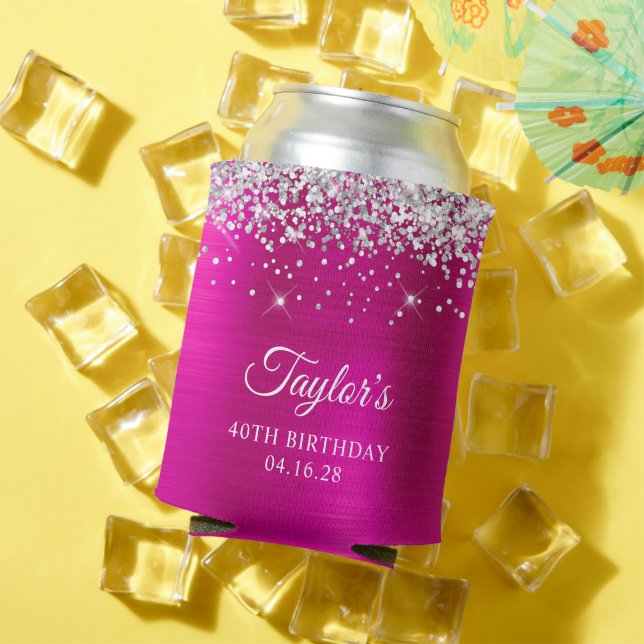 Silver Glitter Hot Pink Foil 40th Birthday Can Cooler (In Situ Summer)