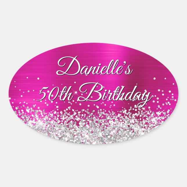 Silver Glitter Hot Pink Foil 50th Birthday Oval Sticker (Front)