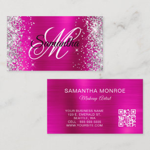 Silver Glitter Hot Pink Foil and QR Code Monogram  Business Card