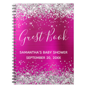Silver Glitter Hot Pink Foil Baby Shower Guestbook Notebook