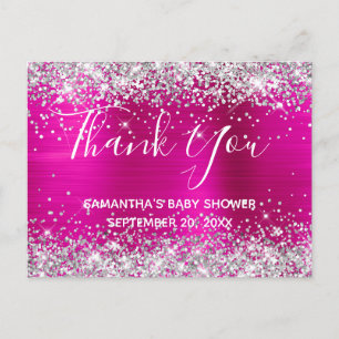 Silver Glitter Hot Pink Foil Baby Shower Thank You Postcard