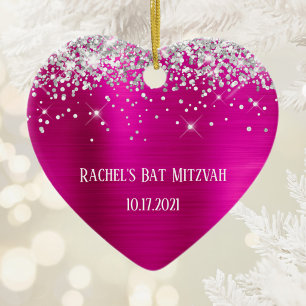 Silver Glitter Hot Pink Foil Bat Mitzvah Ceramic Ornament