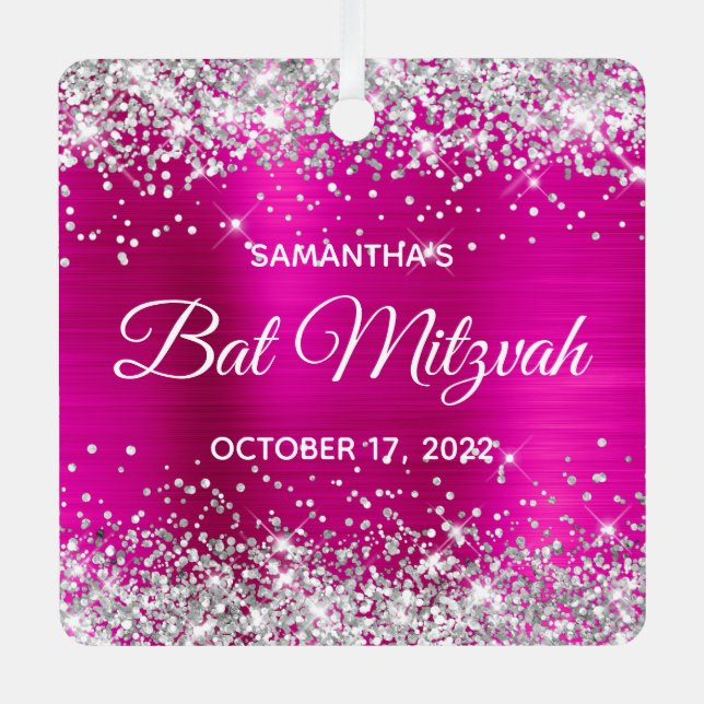 Silver Glitter Hot Pink Foil Bat Mitzvah Metal Ornament (Front)