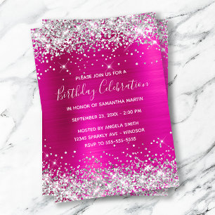 Silver Glitter Hot Pink Foil Birthday Celebration Invitation