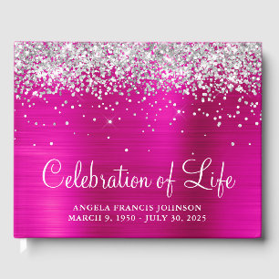 Silver Glitter Hot Pink Foil Celebration of Life Guest Book