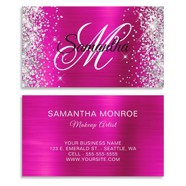 Silver Glitter Hot Pink Foil Fancy Monogram Business Card (Silver Glitter Hot Pink Foil Fancy Monogram Business Cards)