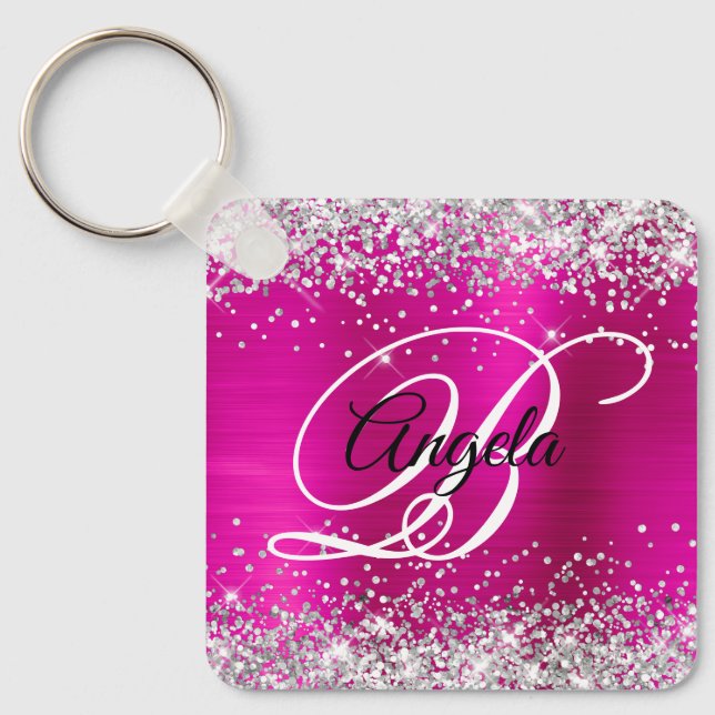 Silver Glitter Hot Pink Foil Fancy Monogram Keychain (Front)
