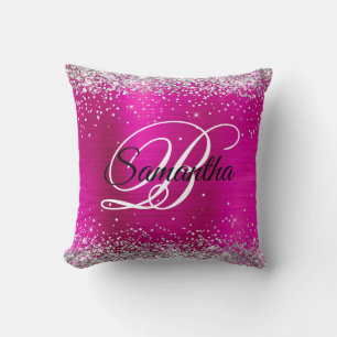 Silver Glitter Hot Pink Foil Fancy Monogram Throw Pillow