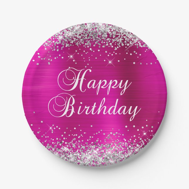 Silver Glitter Hot Pink Foil Happy Birthday Paper Plate (Front)