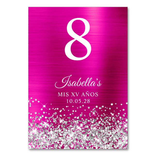 Silver Glitter Hot Pink Foil Mis XV Anos Table Number (Front)