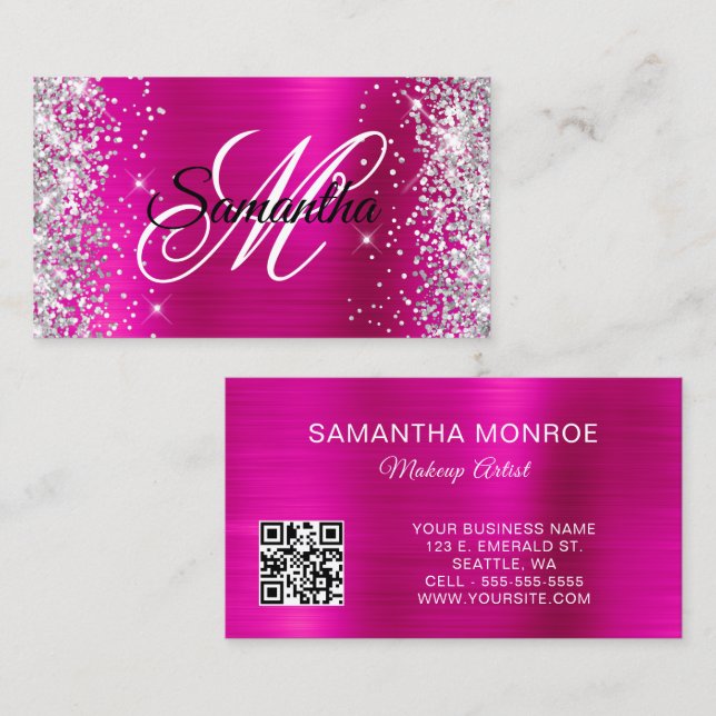 Silver Glitter Hot Pink Foil Monogram QR Code Business Card (Front/Back)