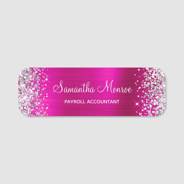 Silver Glitter Hot Pink Foil Name Title Tag (Front)