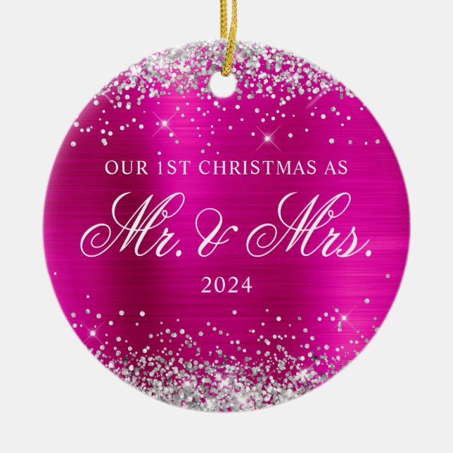 Silver Glitter Hot Pink Foil Our 1st Christmas Ceramic Ornament (Front)