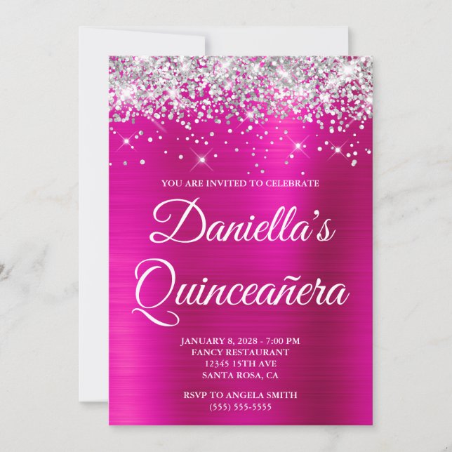 Silver Glitter Hot Pink Foil Quinceañera Invitation (Front)