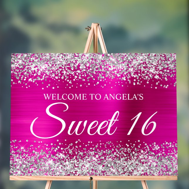 Silver Glitter Hot Pink Foil Sweet 16 Acrylic Sign (Neutral)