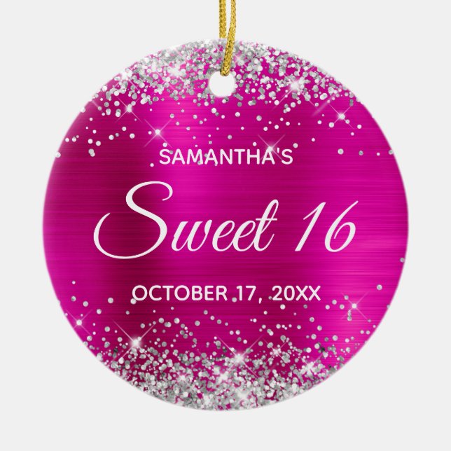 Silver Glitter Hot Pink Foil Sweet 16 Birthday Ceramic Ornament (Front)