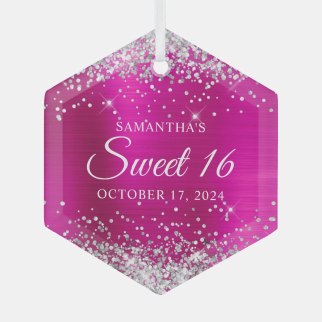 Silver Glitter Hot Pink Foil Sweet 16 Glass Ornament (Front)