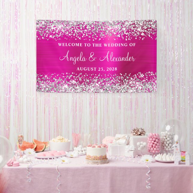 Silver Glitter Hot Pink Foil Wedding Welcome Banner (Party)