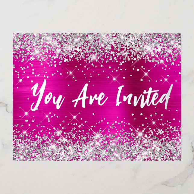 Silver Glitter Hot Pink Glam 21st Birthday Foil Invitation Postcard (Front)