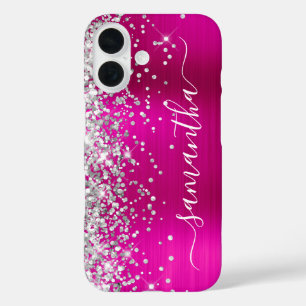 Silver Glitter Hot Pink Metallic Girly Signature iPhone 16 Case