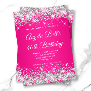 Silver Glitter Hot Pink Monogram 40th Birthday Invitation