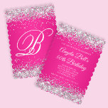 Silver Glitter Hot Pink Monogram 50th Birthday Invitation<br><div class="desc">An elegant monogrammed 50th birthday 5x7 invitation for her. Faux shiny silver glitter with sparkles against a bright hot pink ombre graphic image. The white classic fancy calligraphy of the monogram can be customized. All the glittery, sparkly elements in this modern girly design are digital graphics that will print like...</div>