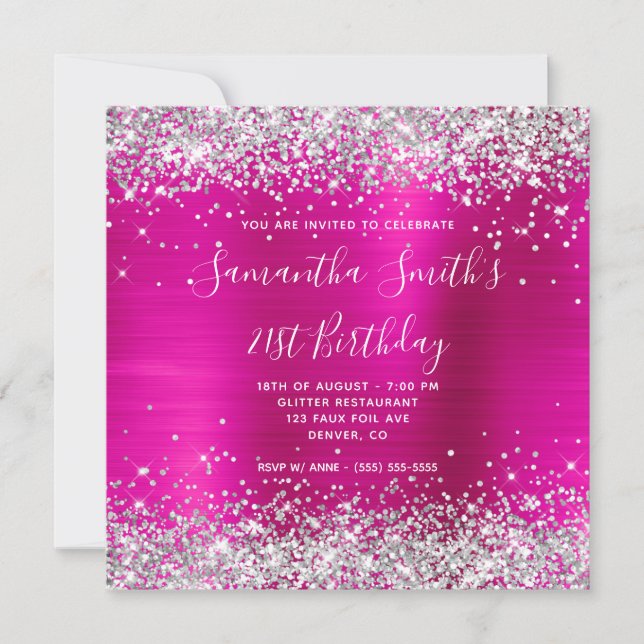 Silver Glitter Hot Pink Monogrammed 21st Birthday Invitation (Front)