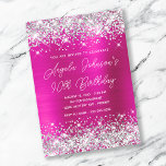 Silver Glitter Hot Pink Monoline 90th Birthday Invitation<br><div class="desc">An elegant monogrammed 90th birthday invitation for her. Lovely, eye catching calligraphy features a modern monoline style script. You can customize this design for another milestone birthday celebration. The digital art feature faux sparkly silver glitter with extra sparkles against a hot and bright pink ombre image. All the shiny elements...</div>