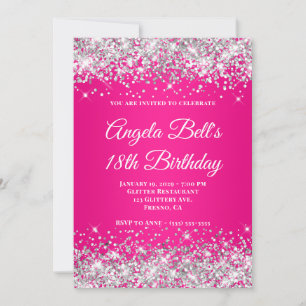 Silver Glitter Hot Pink Ombre 18th Birthday Invitation