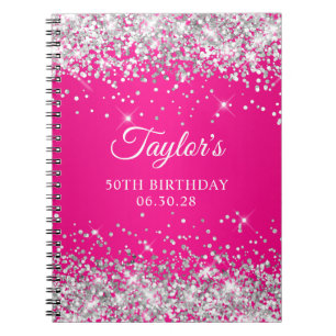 Silver Glitter Hot Pink Ombre 50th Birthday Guest Notebook