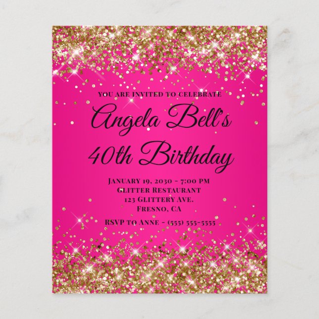 Silver Glitter Hot Pink Ombre Fancy Monogram 40th Flyer (Front)