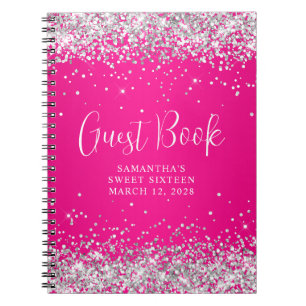 Silver Glitter Hot Pink Ombre Sweet 16 Guest Notebook