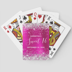 Silver Glitter Hot Pink Sweet 16 Birthday Favour Playing Cards