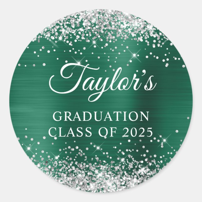 Silver Glitter Hunter Green Foil Graduation Classic Round Sticker (Front)