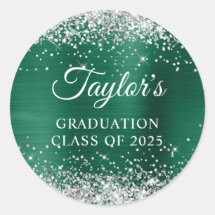 Silver Glitter Hunter Green Foil Graduation Classic Round Sticker