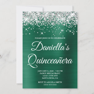 Silver Glitter Hunter Green Foil Quinceañera Invitation