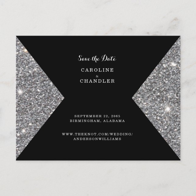 Silver Glitter Image & Black Photo Save The Date  Postcard (Front)
