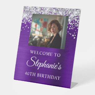 Silver Glitter Indigo Foil Photo 40th Birthday Pedestal Sign