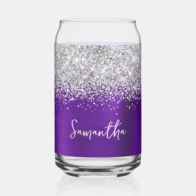 Silver Glitter Indigo Purple Glam Name Can Glass (Front)