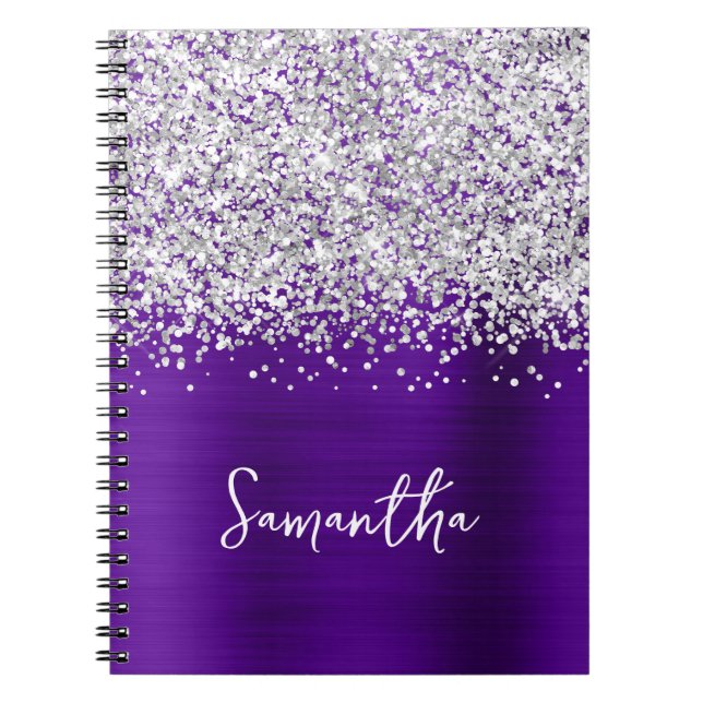 Silver Glitter Indigo Purple Glam Script Name Notebook (Front)