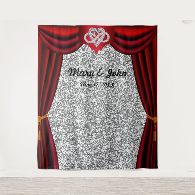 Silver Glitter Infinity Heart Red Curtain Backdrop Tapestry (Front)