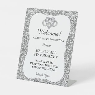 Silver Glitter Infinity Heart Wedding Safety  Pedestal Sign