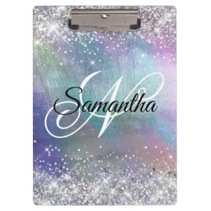 Silver Glitter Iridescent Foil Fancy Monogrammed Clipboard