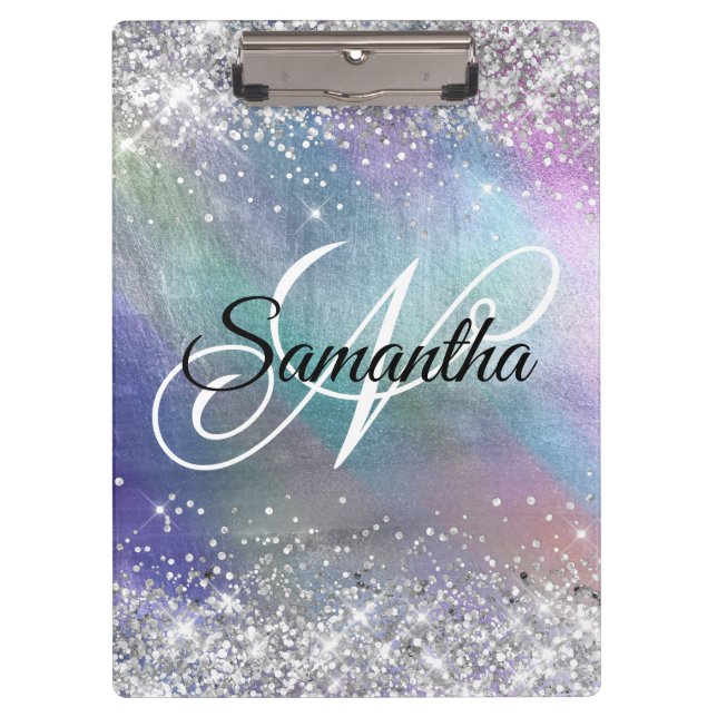 Silver Glitter Iridescent Foil Fancy Monogrammed Clipboard (Front)