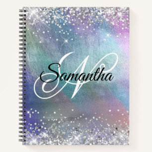 Silver Glitter Iridescent Foil Fancy Monogrammed Notebook